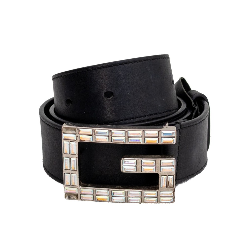 Gucci Women's Black Leather Square G Crystal Madelyn Buckle Belt 90 CM SZ 80/32